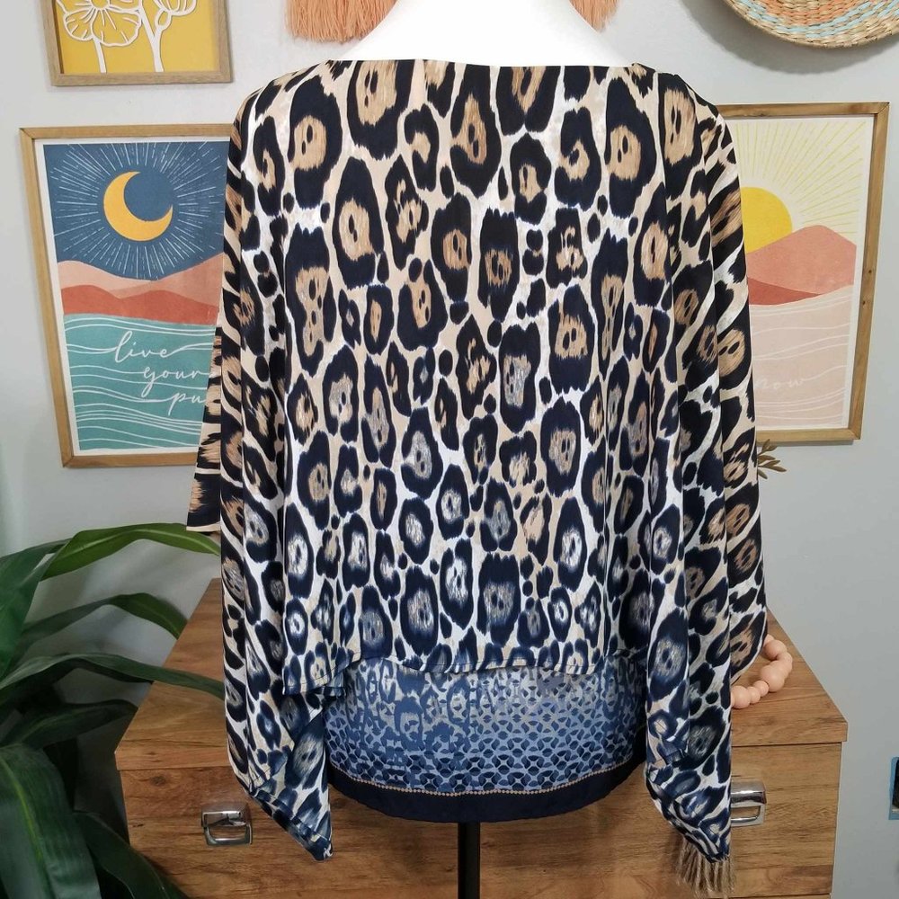 Top, Blouse. Blue, Tan, White, Animal Print. Chico's Brand. Size 0. - Picture 8 of 14
